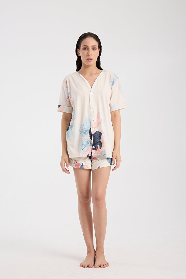 Calm Gömlek Şort Düğmeli Pijama Takımı Renkli Desenli Pijama Takımı - 2