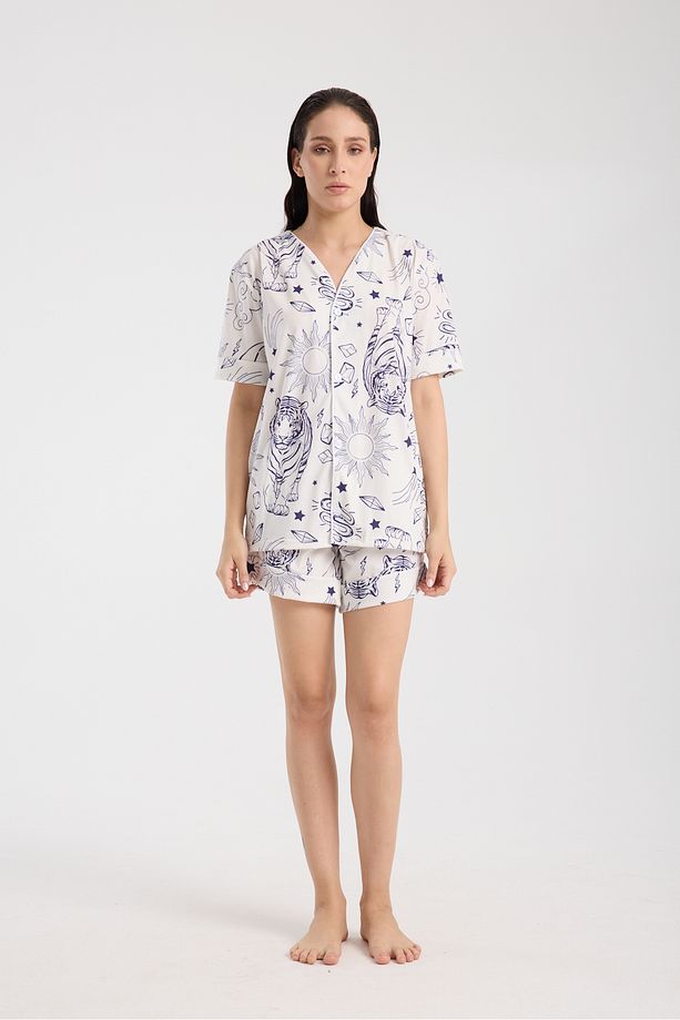 Calm Gömlek Şort Düğmeli Pijama Takımı Renkli Desenli Pijama Takımı - 2