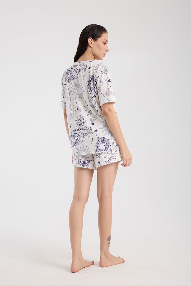 Calm Gömlek Şort Düğmeli Pijama Takımı Renkli Desenli Pijama Takımı - 6