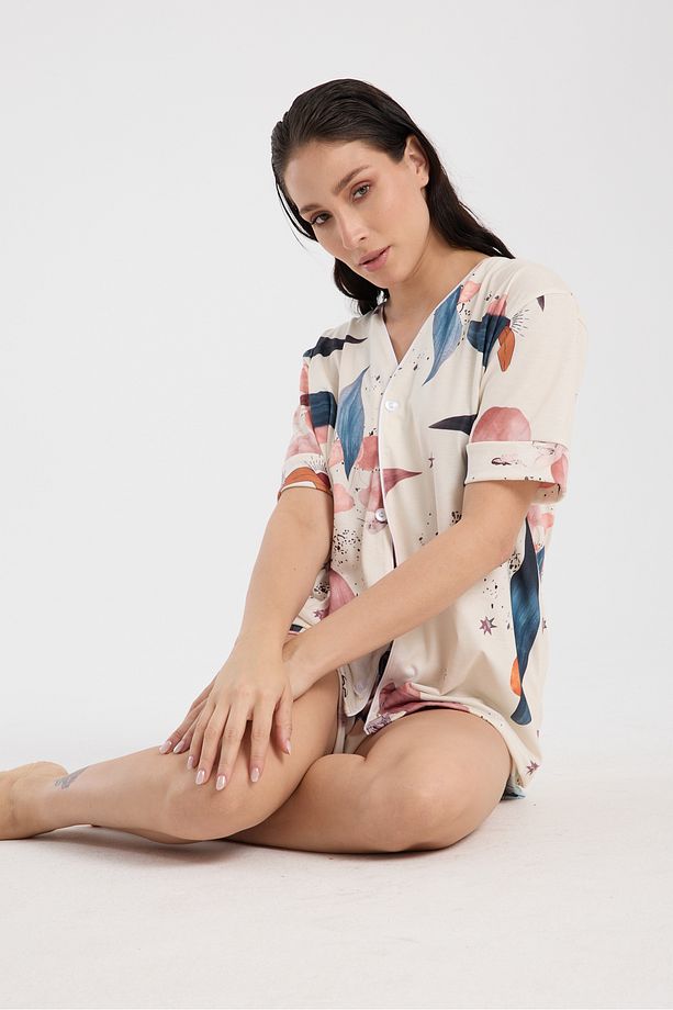 Calm Gömlek Şort Düğmeli Pijama Takımı Renkli Desenli Pijama Takımı - 8