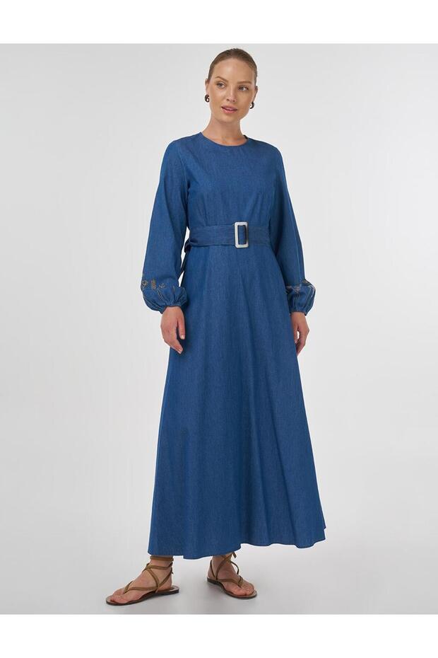 100% Cotton Buckle Detailed Maxi Dress Indigo