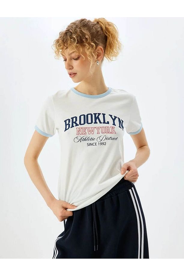 Slogan Baskılı Pamuklu Bisiklet Yaka Kısa Kollu Tişört - 1