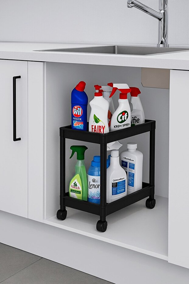 Flex Elite Pro 2 Tier Black Wheeled Multi-Purpose Bathroom & Kitchen Organizer Shelf – under Sink Detergent