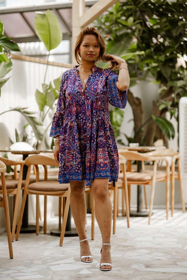 Blue Color Half Button Detail Short Silk Dress
