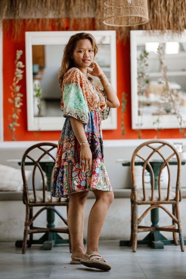 Brown Patchwork Patterned Short Silk Dress with Tie Front V Back