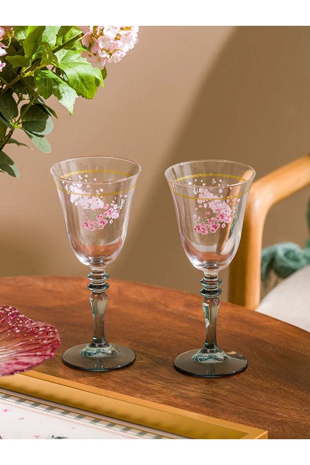 LCW HOME Karışık Çiçek Baskılı Cam Ayaklı Su Bardağı 2'li 270 ml - 2