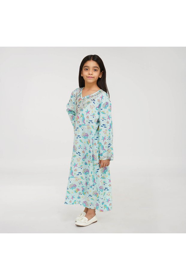 Kids Jalabiya – Blue Printed Maxi with Full Sleeves and Embellished V Neckline