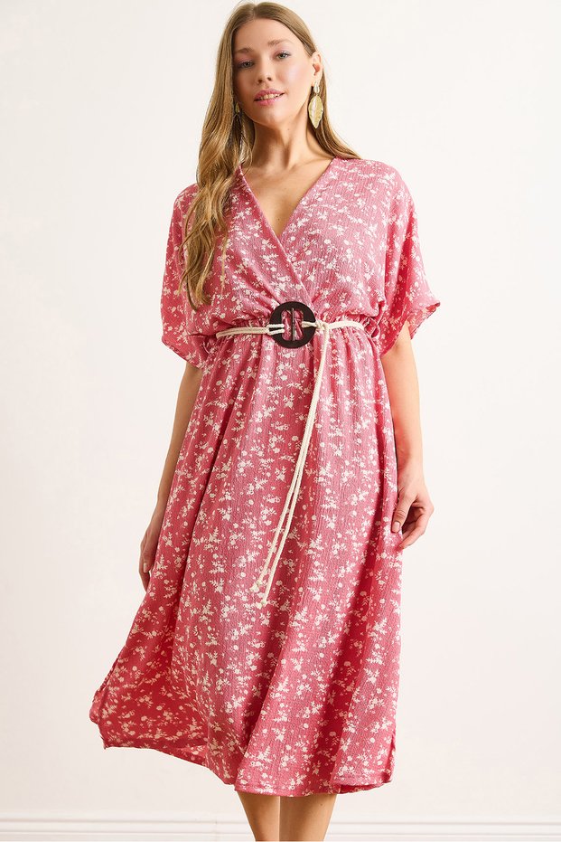 Women's Dusty Rose Belted Double Breasted Collar Bat Slit Midi Dress Elb-19002458