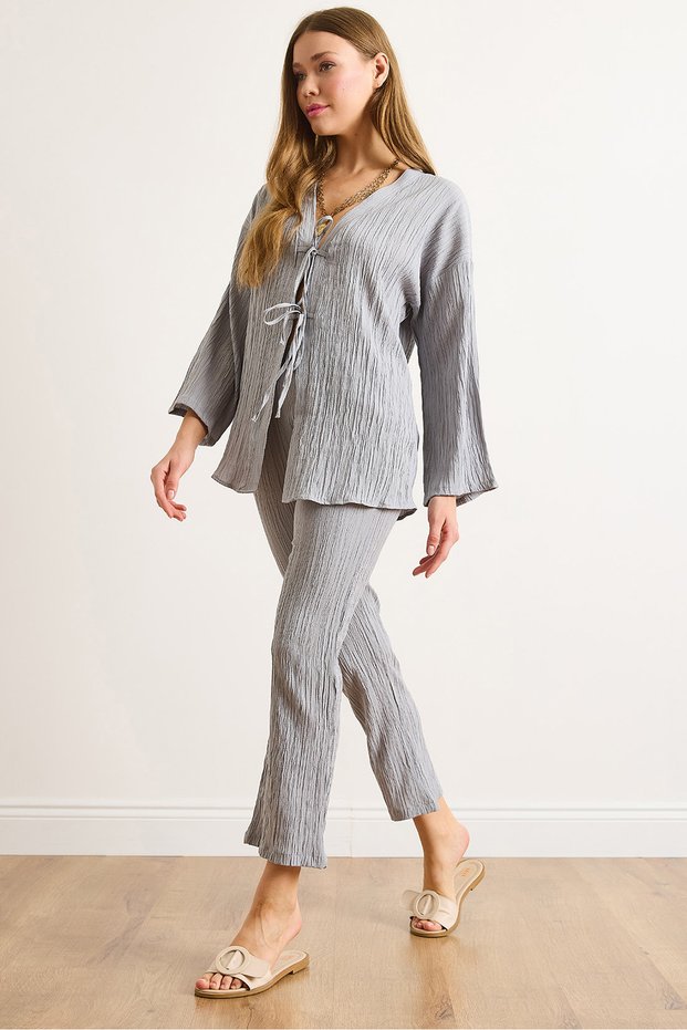 Women's Gray Top Lace-Up Cardigan Bottom Pocket Pants Suit Tkm-19000404