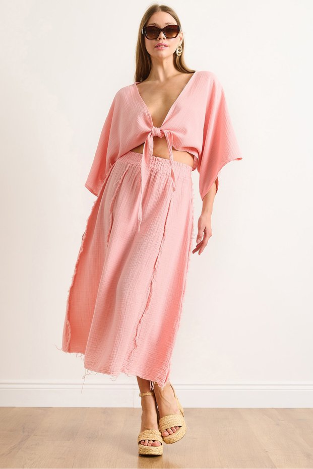 Women's Pink Elastic Waist Dirty Stitching Muslin Skirt Etk-19000310