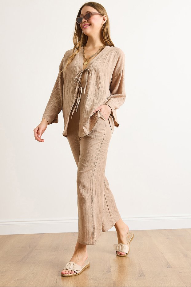 Women's Camel Top Lace-Up Cardigan Bottom Pocket Pants Suit Tkm-19000404
