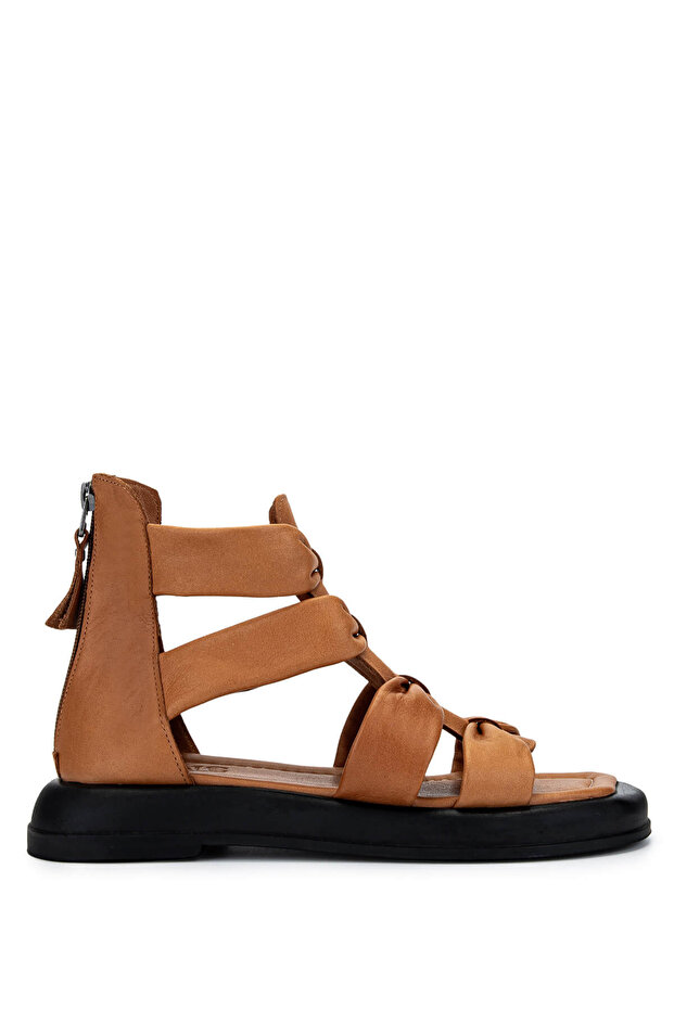 Women's Genuine Leather Tan Flat Sandals