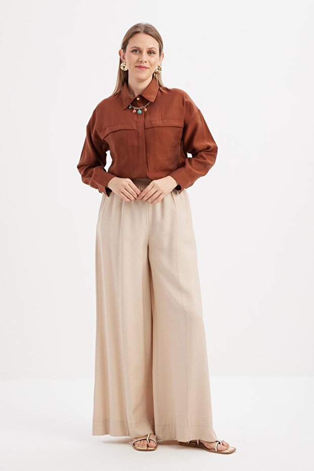 Beige-Waist Elastic Wide Leg Trousers