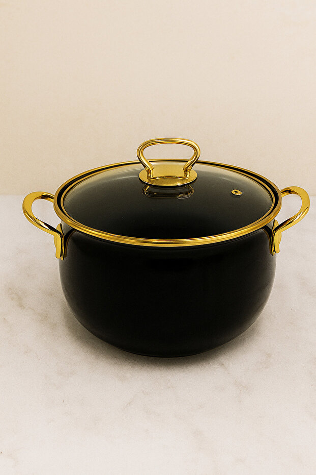 Taşev Sultan Series 20 cm Black Enamel Deep Pot – Gold Handle, Stylish and Durable Design - 3