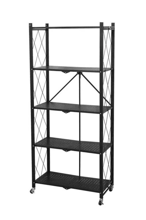 Shelving Solution 5-Tier Foldable Kitchen Storage Rack on Wheels - Black - 1