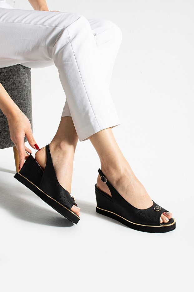 Women's genuine leather platform heel shoes black