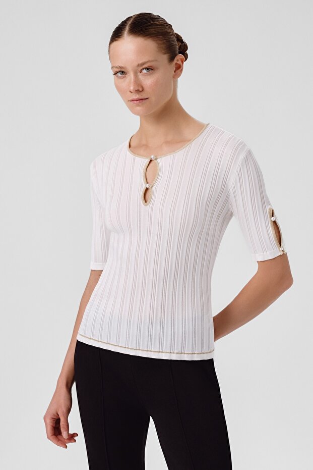 Ecru Window Detailed Pearl Women's Sweater