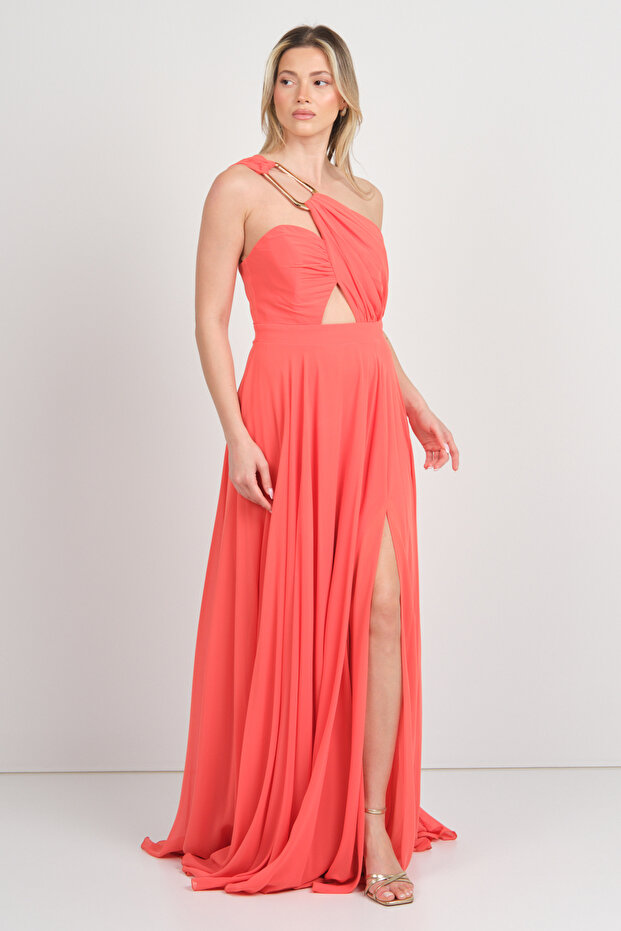 Doridorca Women's One Shoulder Chiffon Flared Long Evening Dress 5073 Orange