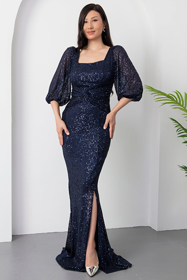 Kare Yaka Önü Bağalamalı Yırtmaçlı Elbise AP-3020 - 5