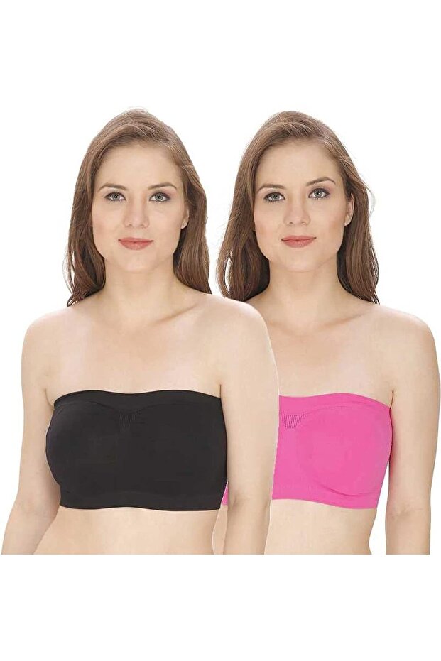 Women's Non Padded Seamless Strapless Tube Bra, Black/Pink Pack of 2, Free Size