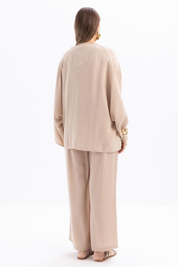 Bej-Belden Bağcıklı Modal Kimono - 5