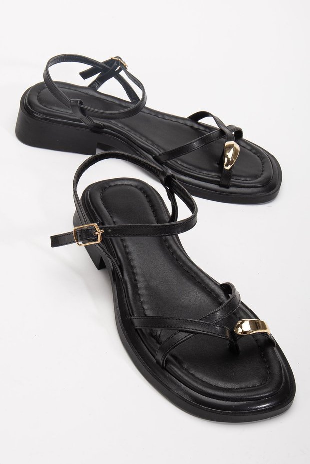 Women's Black Gold Ring Detailed Daily Sandals