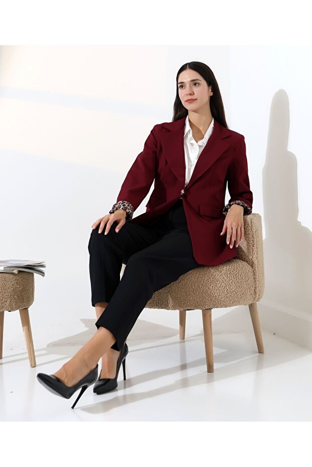 Women's Burgundy Foldable Sleeve, Lining Leopard Print Atlas Woven Fabric Double Breasted Blazer Jacket