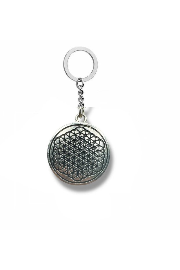 Round Metal Keychain with Flower of Life Motif – Silver Color Spiritual Accessory