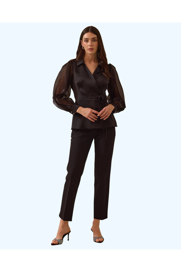 Chiffon Sleeved Double-Breasted Flower Accessory Bluz