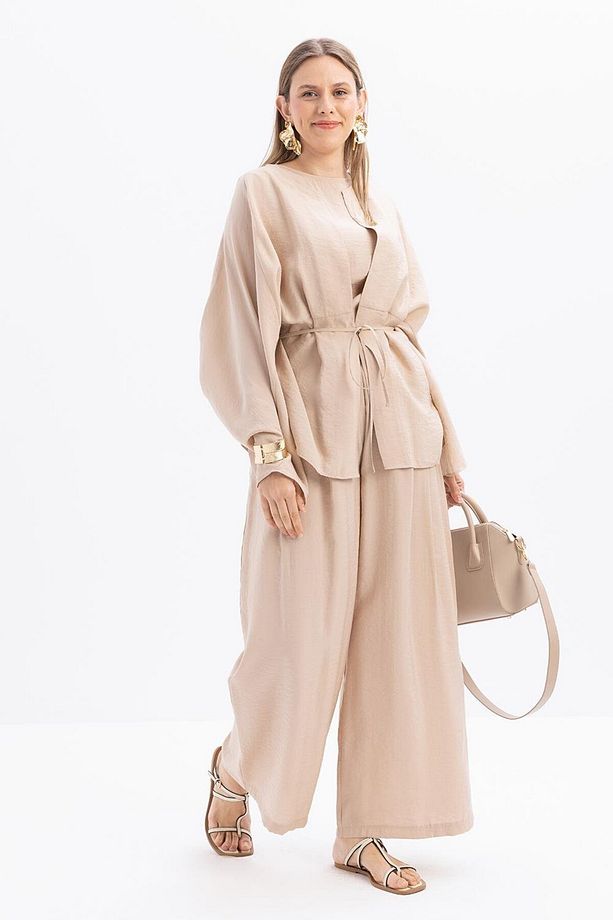 Bej-Belden Bağcıklı Modal Kimono - 1