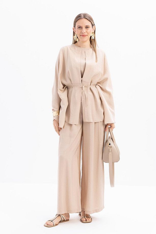 Bej-Belden Bağcıklı Modal Kimono - 3
