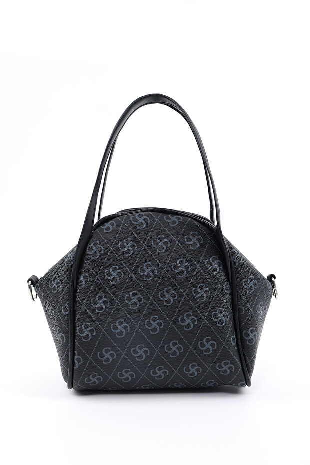 Monogram Printed Black Shk132 Faux Leather, Zippered Single Compartment, Snap Detail, Strap Hand and Cross