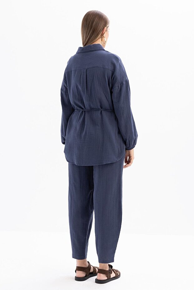 Indigo-Half Placket Buttoned Muslin Tunic - 4