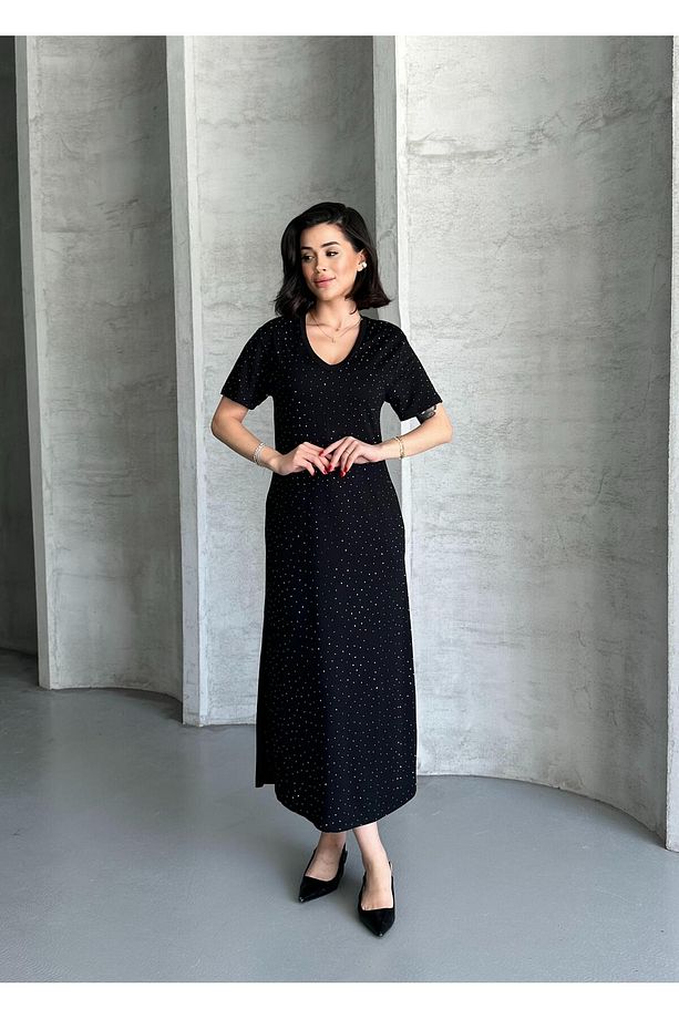 Modal Kumaş Taşlı Elbise - 1