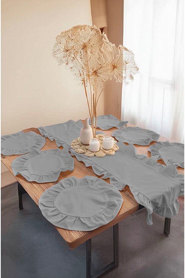 7 Piece Ruffled Cotton Fabric Runner Set 1 Runner (40X 150), 6 American Placemats (40 X 40)