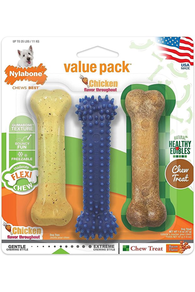 Flexi Chew Variety Pack (1 Each Dental Chew / Healthy Edibles Bacon / Flexi Chew Original)