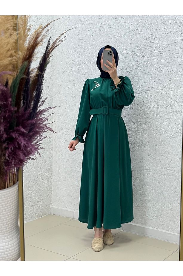 Orelesia Bel ve Kol Lastikli Bronşlu Twil Elbise-EK1144 Zümrüt Yeşili - 1