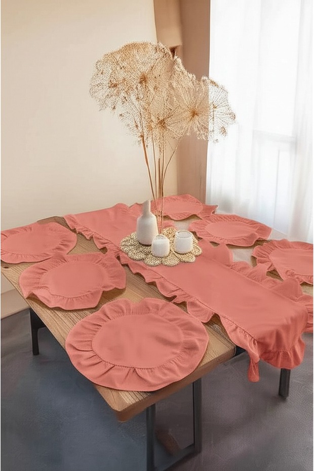 7 Piece Ruffled Cotton Fabric Runner Set 1 Runner (40X 150), 6 American Placemats (40 X 40)