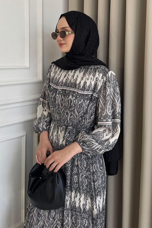 Piliseli Desenli Elbise Siyah - 4