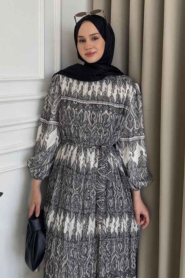 Piliseli Desenli Elbise Siyah - 2