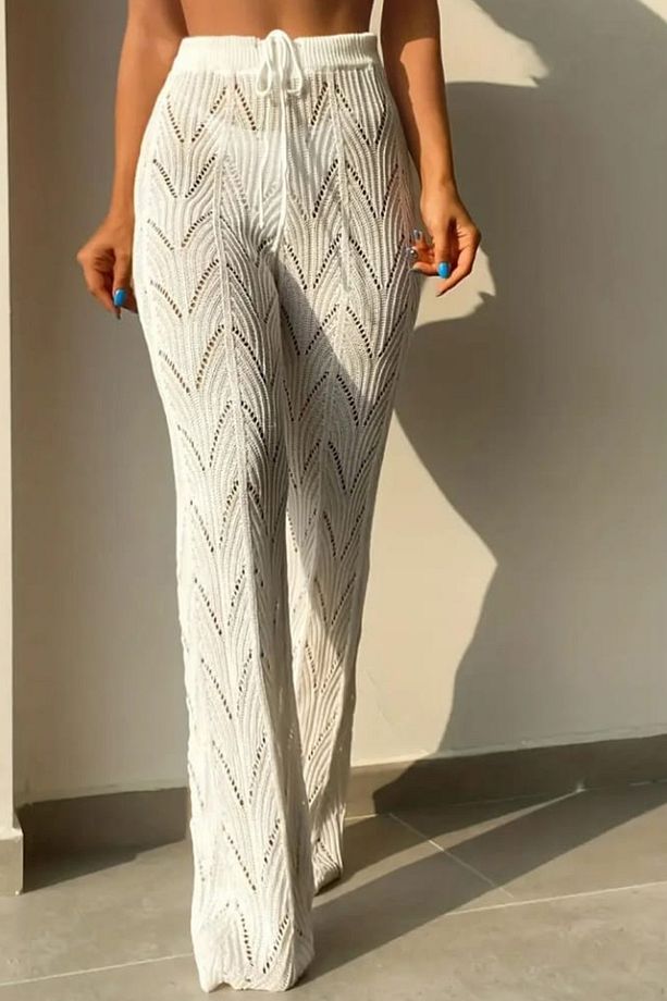Yüksek Bel Bağcıklı Triko Plaj Pantolon - 2