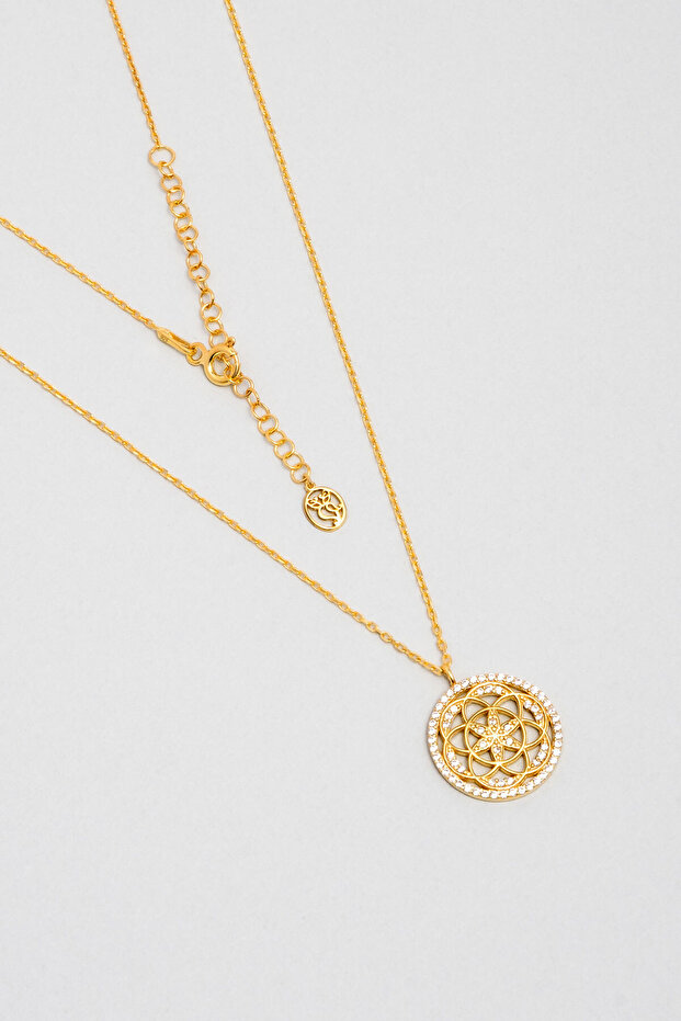 Mistik Yaşam Çiçeği 18 Ayar Sarı Altın Kaplama Gümüş Kolye - 1