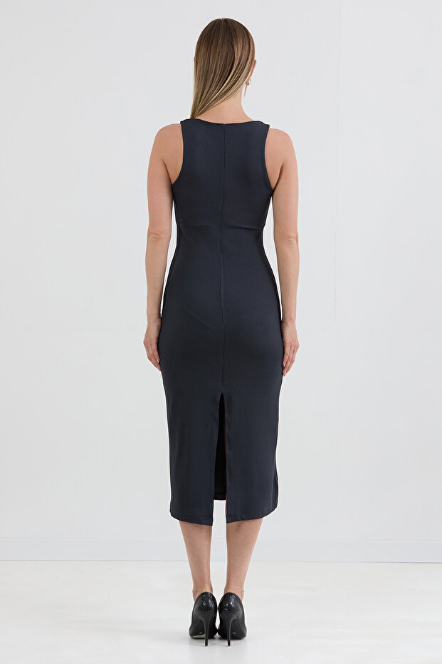 Basic Fitilli Yırtmaçlı Elbise - 8