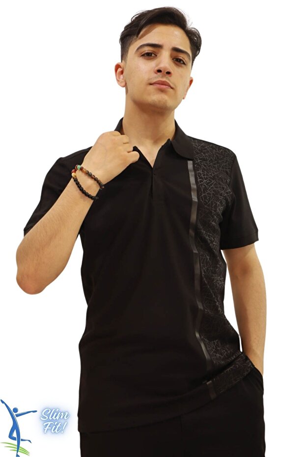 Men's Slim Fit Slim-Fitting Cotton Soft Texture Fabric Non-Curling Collar Khaki Polo Collar T-Shirt Black