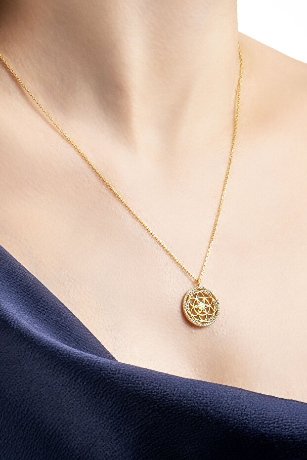 Mistik Yaşam Çiçeği 18 Ayar Sarı Altın Kaplama Gümüş Kolye - 2