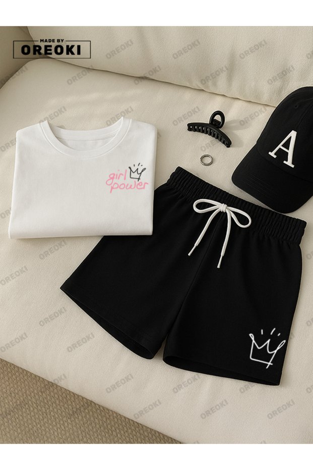 Women's Power Printed Cotton White T-Shirt-Black Shorts Set
