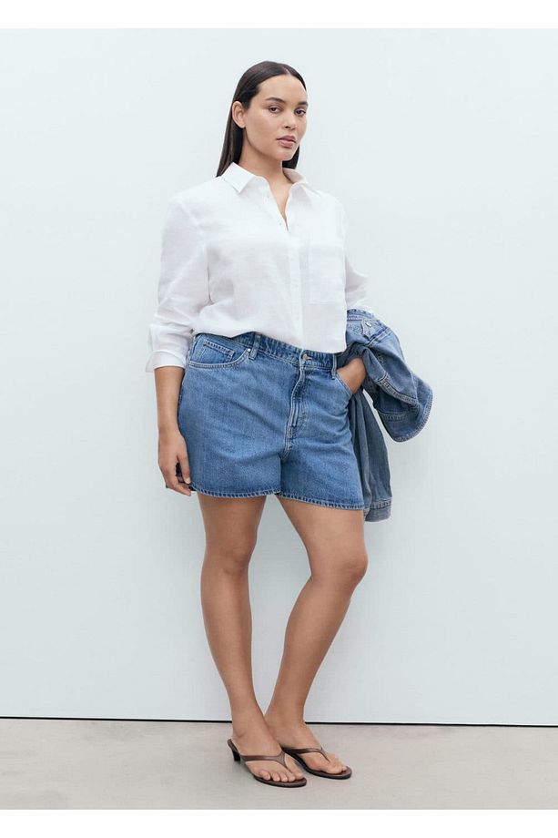 Yüksek bel düz kesim denim şort - 8