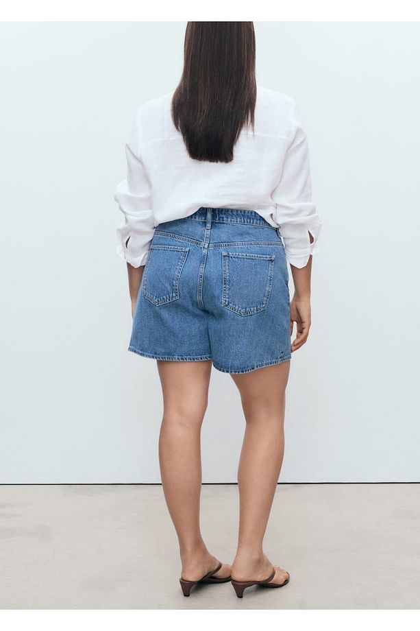Yüksek bel düz kesim denim şort - 5