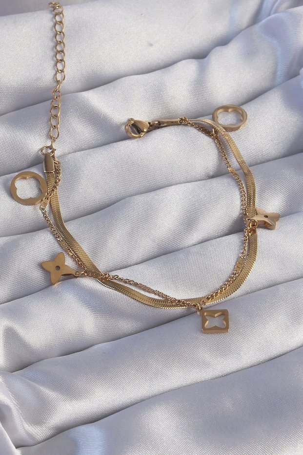 316L Steel Gold Color Double Chain Clover Design Bracelet - Tj-Bb6181