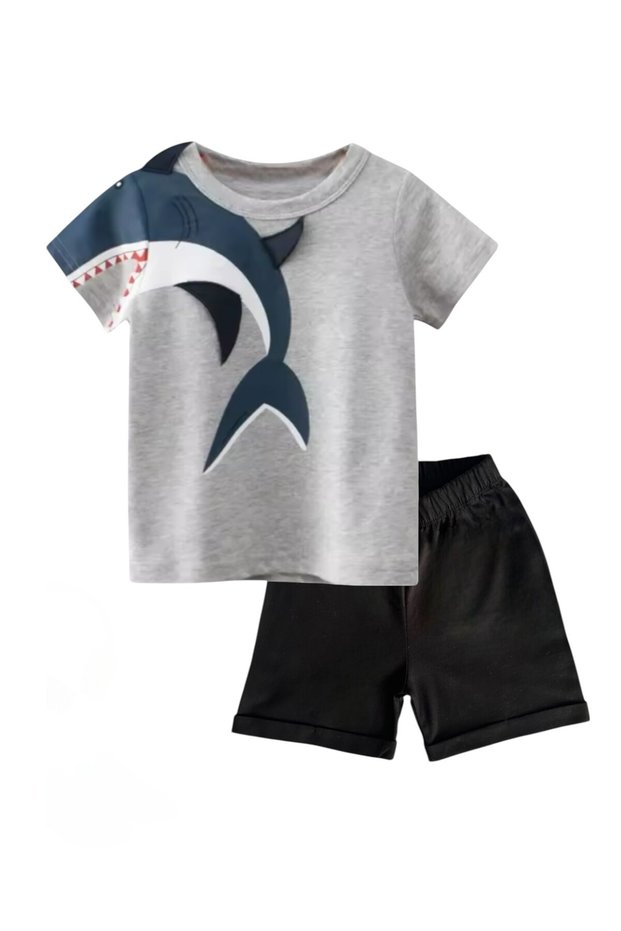 Boys' Summer Shark Design Gray Color T-Shirt Shorts Set - Order One Size Larger